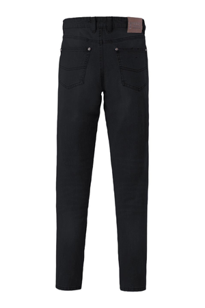 Back view of a pair of black Pilbara Distress Denim Jeans featuring straight legs, two rear pockets, stitched detailing, and a brown leather patch on the waistband. The jeans are displayed against a plain white background.