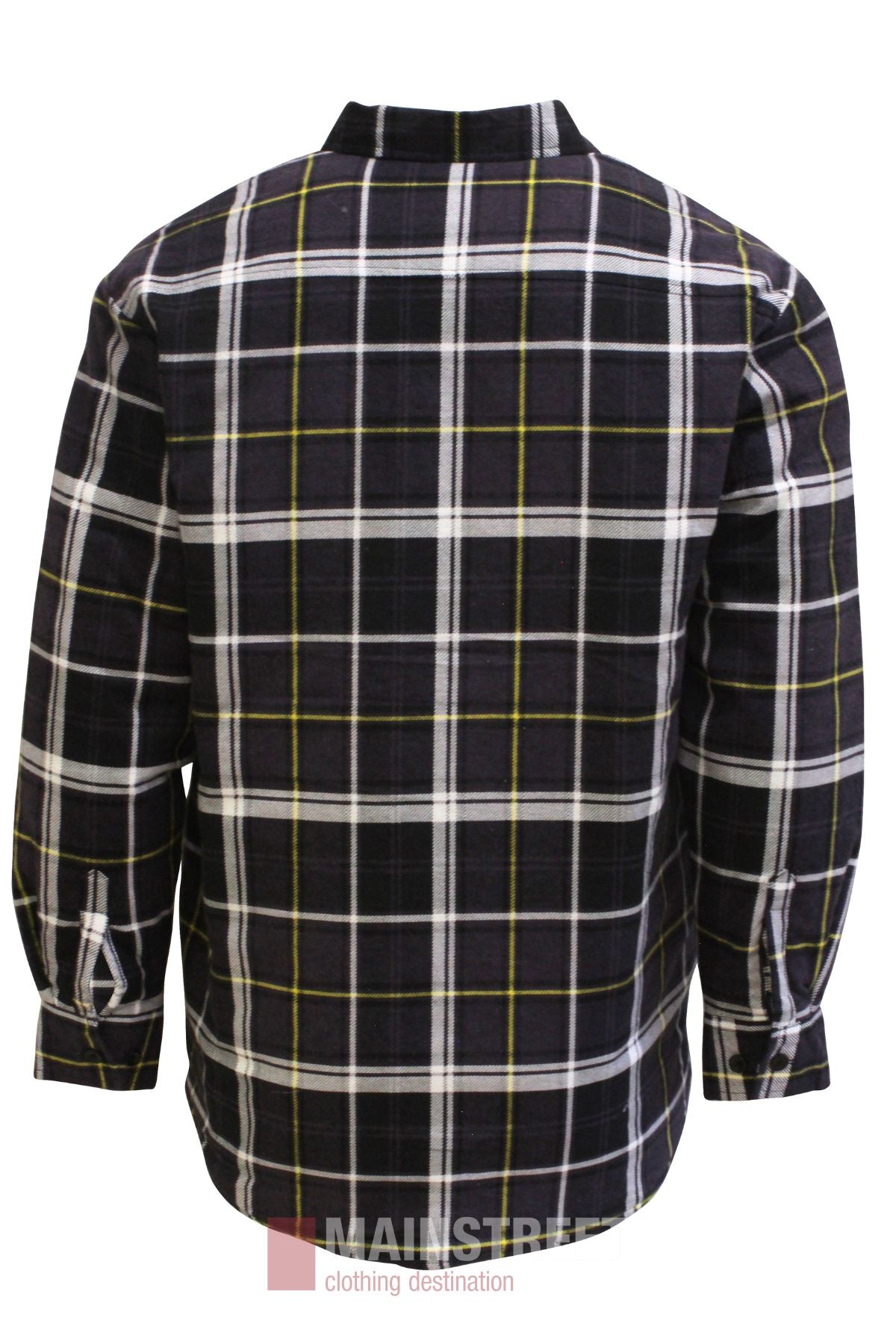 Back view of a Pilbara Flannelette Quilted Shirt with a black, white, and yellow plaid pattern, featuring a collar and cuffs. Displayed against a white background.