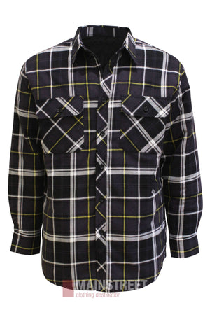 The Pilbara Flannelette Quilted Shirt features long sleeves, a black base with white, yellow, and gray plaid, two button-flap chest pockets, and classic Pilbara style—ideal for cool days.
