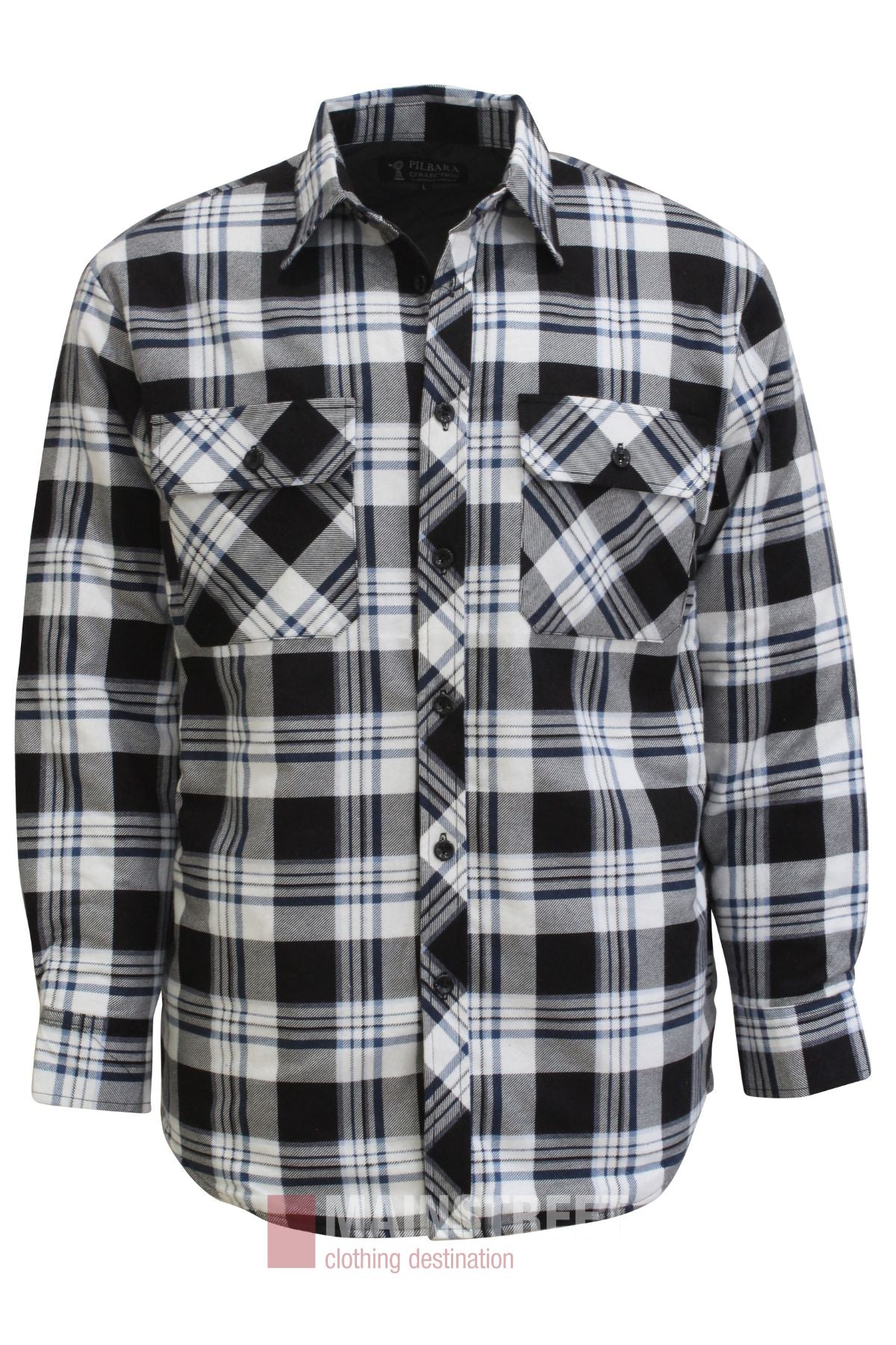 The Pilbara Flannelette Quilted Shirt is a 100% cotton, long-sleeve button-up in black, white, and gray plaid, featuring two chest pockets with buttoned flaps.