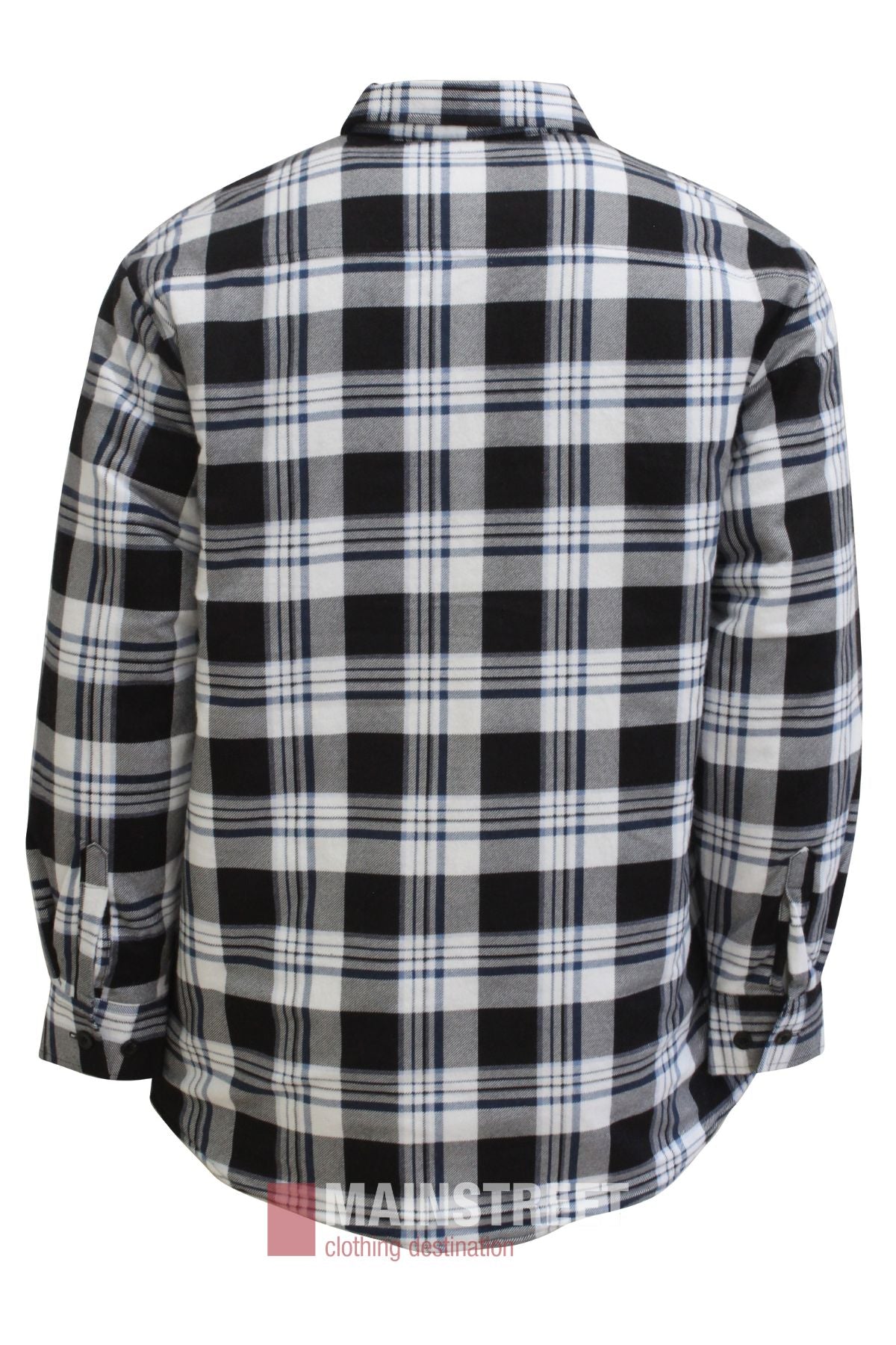 The Pilbara Flannelette Quilted Shirt is a black, white, and gray plaid long-sleeve 100% cotton flannel shown from the back with a collar, buttoned cuffs, and a partially visible "Mainstreet clothing destination" logo at the bottom.