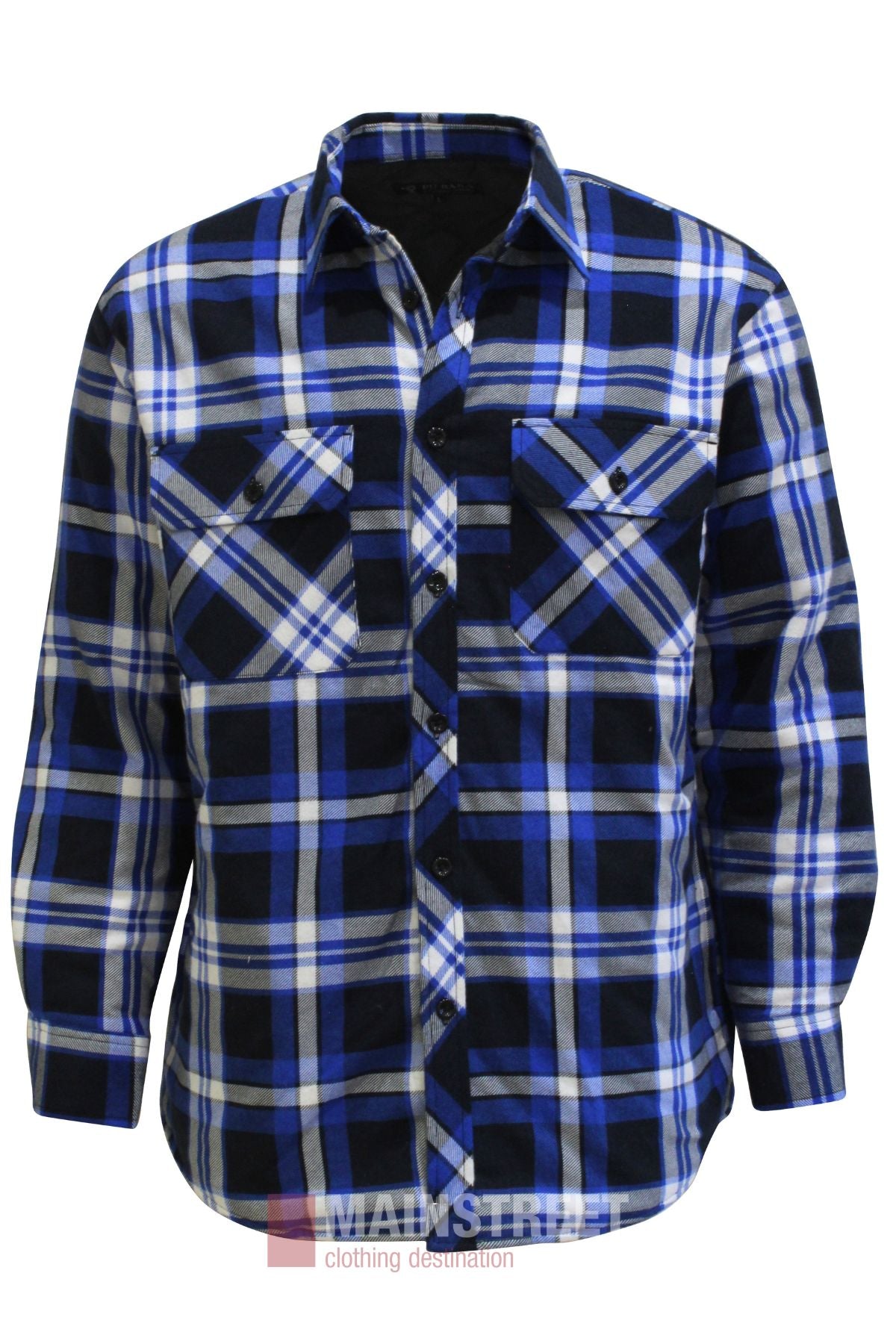 The Pilbara Flannelette Quilted Shirt is a 100% cotton, long-sleeve, button-up with a blue, black, and white plaid pattern and two chest pockets with button flaps.