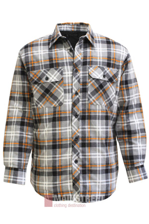 The Pilbara Flannelette Quilted Shirt is a long-sleeve, button-up cotton shirt with a gray, white, black, and orange plaid pattern and features two front chest pockets with button flaps.