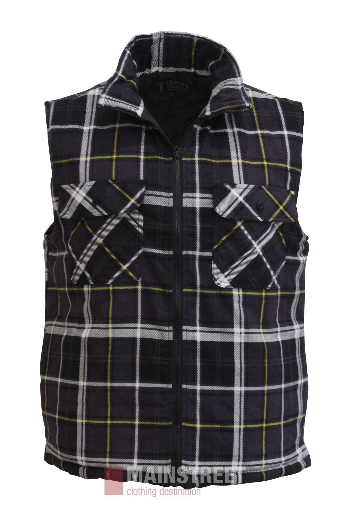 The Pilbara Flannelette Quilted Zipper Front Vest is sleeveless with a black, white, and yellow plaid pattern, two chest pockets with flaps and buttons—ideal for winter layering.