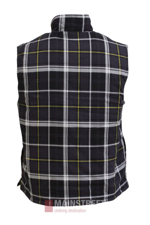 The Pilbara Flannelette Quilted Zipper Front Vest is shown from the back, featuring a black, white, and yellow plaid pattern, high collar, side pockets, and sleeveless design—perfect for winter layering.