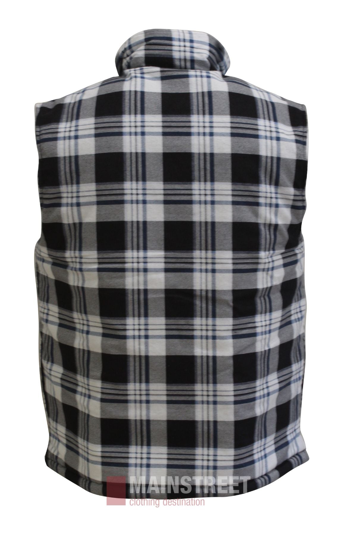 The Pilbara Flannelette Quilted Zipper Front Vest is shown from the back, featuring a black, white, and gray plaid pattern. This sleeveless vest has a high collar and is set against a plain white background—ideal for cozy winter wear.