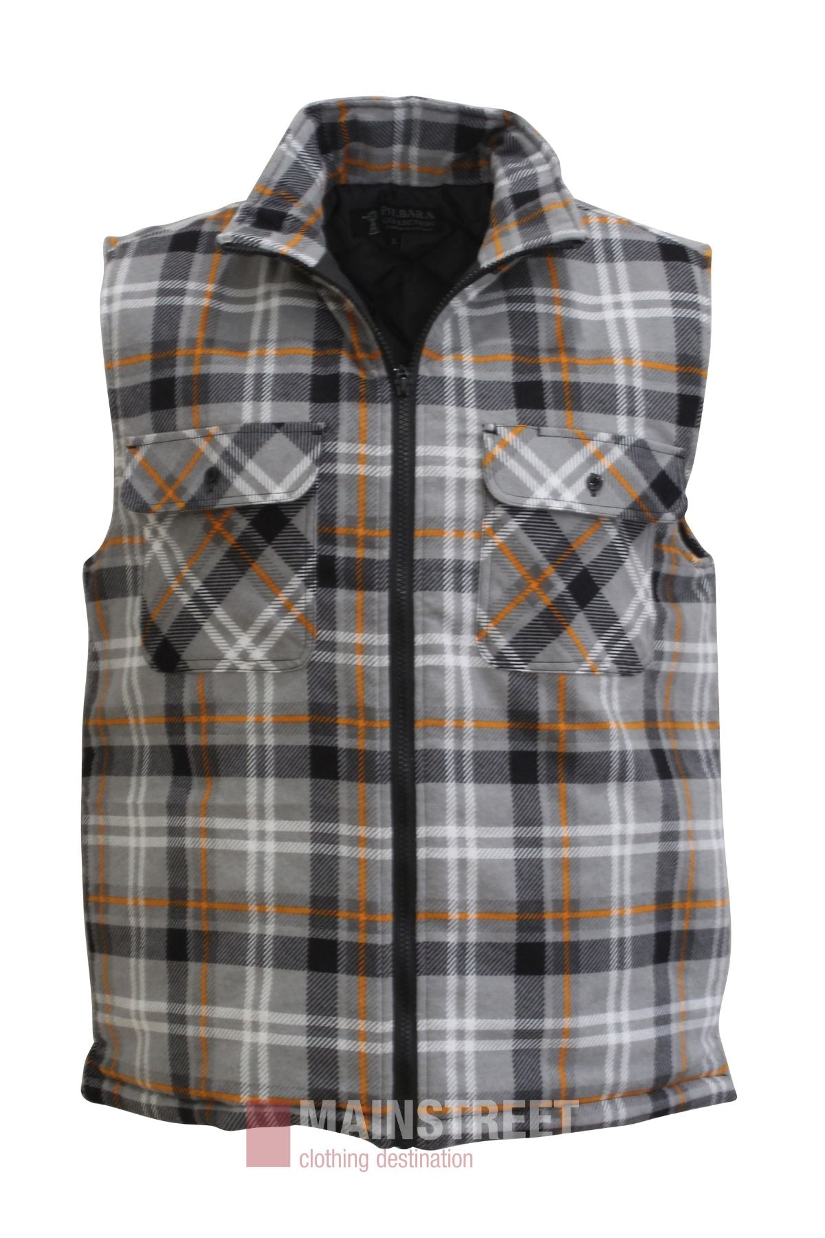 Stay warm in the Pilbara Flannelette Quilted Zipper Front Vest—a sleeveless plaid vest with black, white, grey, and orange checks, two buttoned chest pockets, high collar, and cozy quilted lining for perfect winter layering.