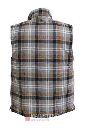 The Pilbara Flannelette Quilted Zipper Front Vest features a sleeveless design with a gray, black, white, and orange plaid pattern, soft wool-like texture, high collar, and is shown from the back—ideal for winter layering.