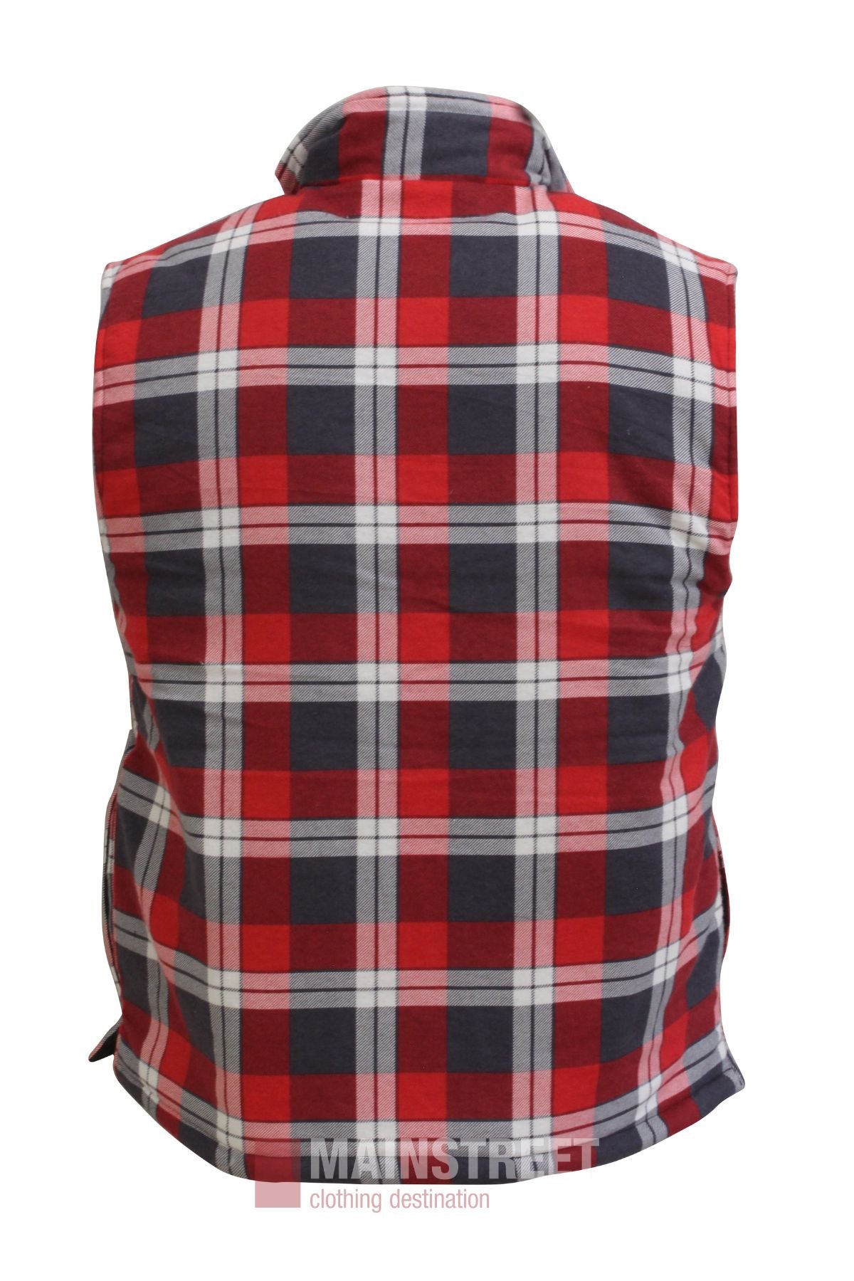 The Pilbara Flannelette Quilted Zipper Front Vest is sleeveless with a red, black, white, and gray plaid design, shown from the back on a white background. Ideal for winter layering to add warmth and style.