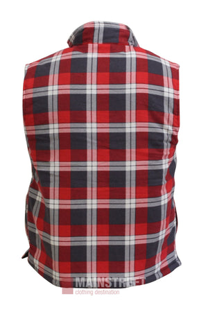 The Pilbara Flannelette Quilted Zipper Front Vest is sleeveless with a red, black, white, and gray plaid design, shown from the back on a white background. Ideal for winter layering to add warmth and style.