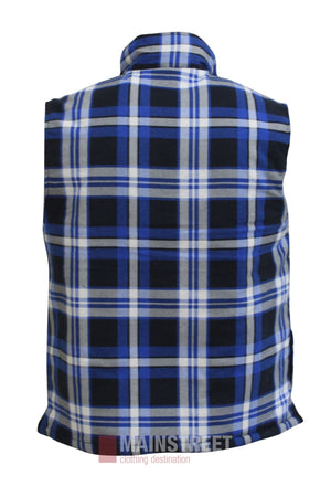 The Pilbara Flannelette Quilted Zipper Front Vest, a sleeveless plaid vest in blue, black, and white, is shown from the back on a plain white background. "Mainstreet clothing destination" appears below the winter layering vest.