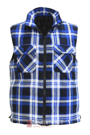 The Pilbara Flannelette Quilted Zipper Front Vest is a sleeveless, blue-black-white plaid vest with two chest flap pockets and a central black zipper—ideal for winter layering.