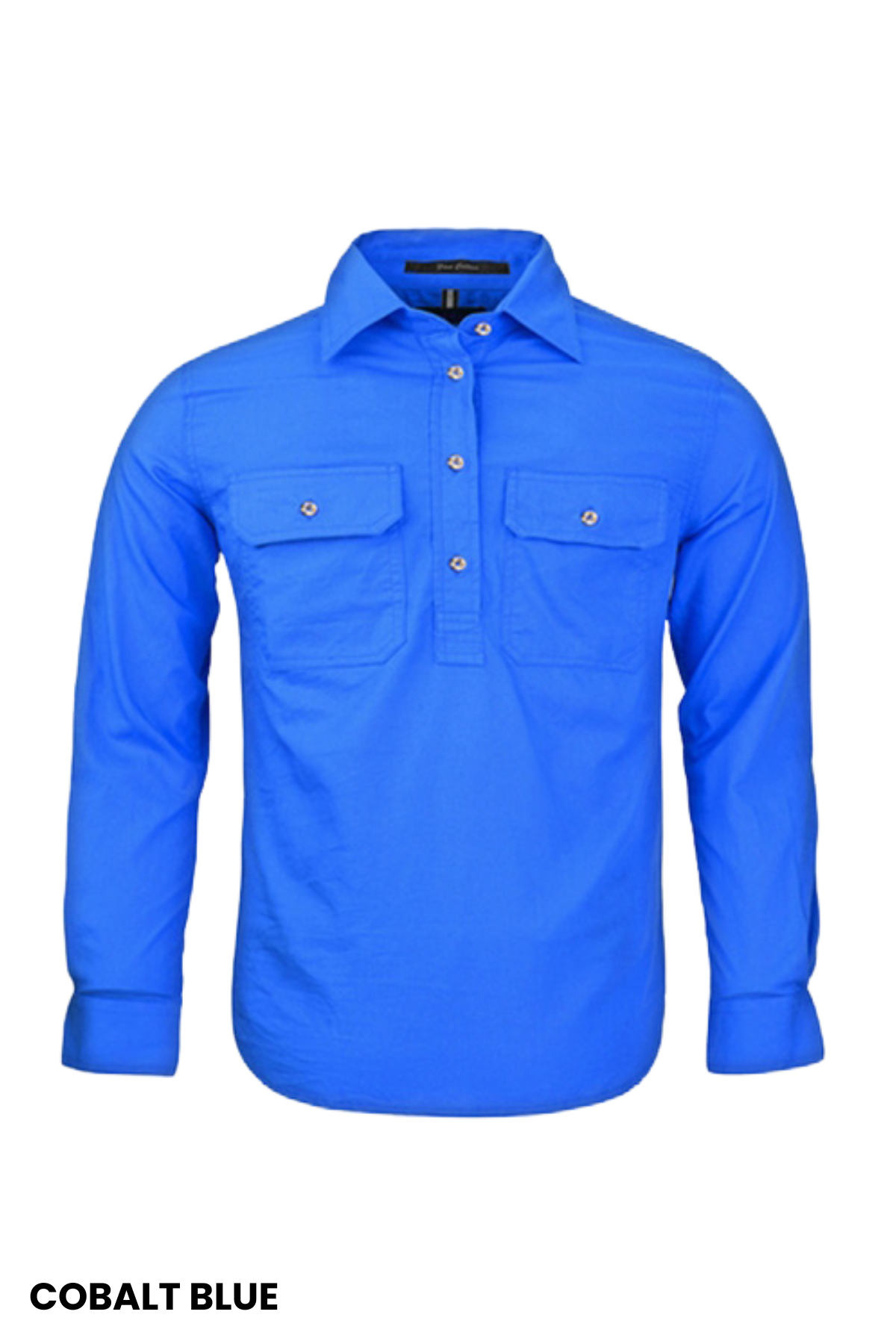 The Pilbara Kids Closed Front Shirt is a cobalt blue, long-sleeve, button-up children’s shirt with two chest pockets, made from 100% cotton and shown on a plain white background. "COBALT BLUE" is in the bottom left corner.