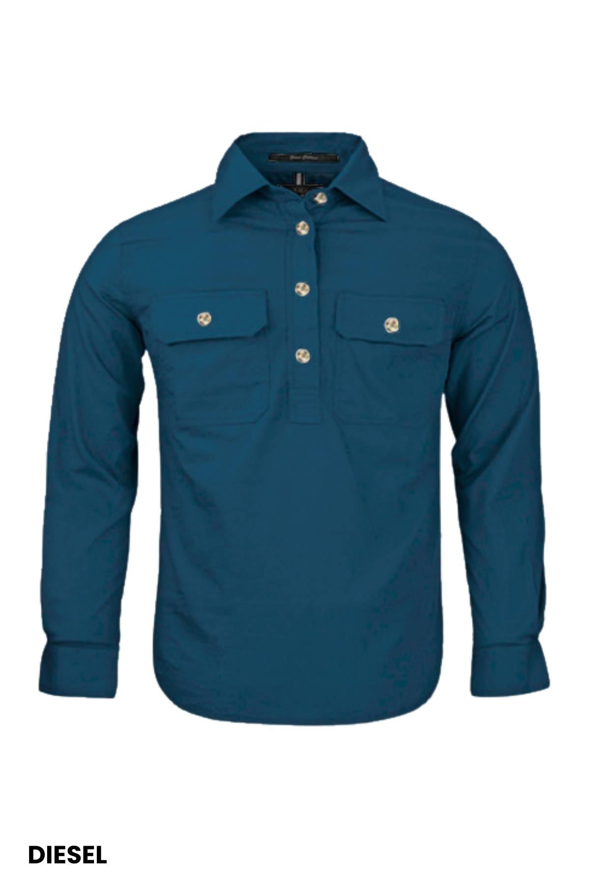 The Pilbara Kids Closed Front Shirt is a teal, long-sleeve, button-up children's shirt with a collar and two chest pockets, made from 100% cotton. Shown on a plain white background with "DIESEL" in black at the bottom left.