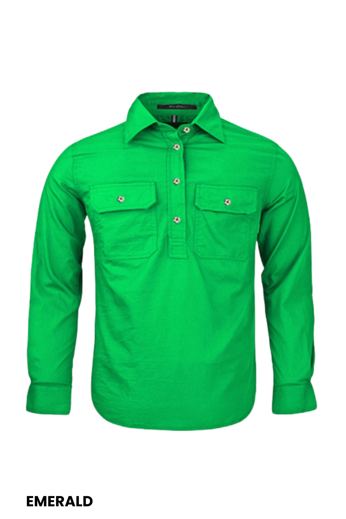 The Pilbara Kids Closed Front Shirt is a long-sleeved, button-up children's shirt in bright emerald green with two chest pockets, made from 100% cotton. Displayed on white background with "EMERALD" in black at the bottom left.