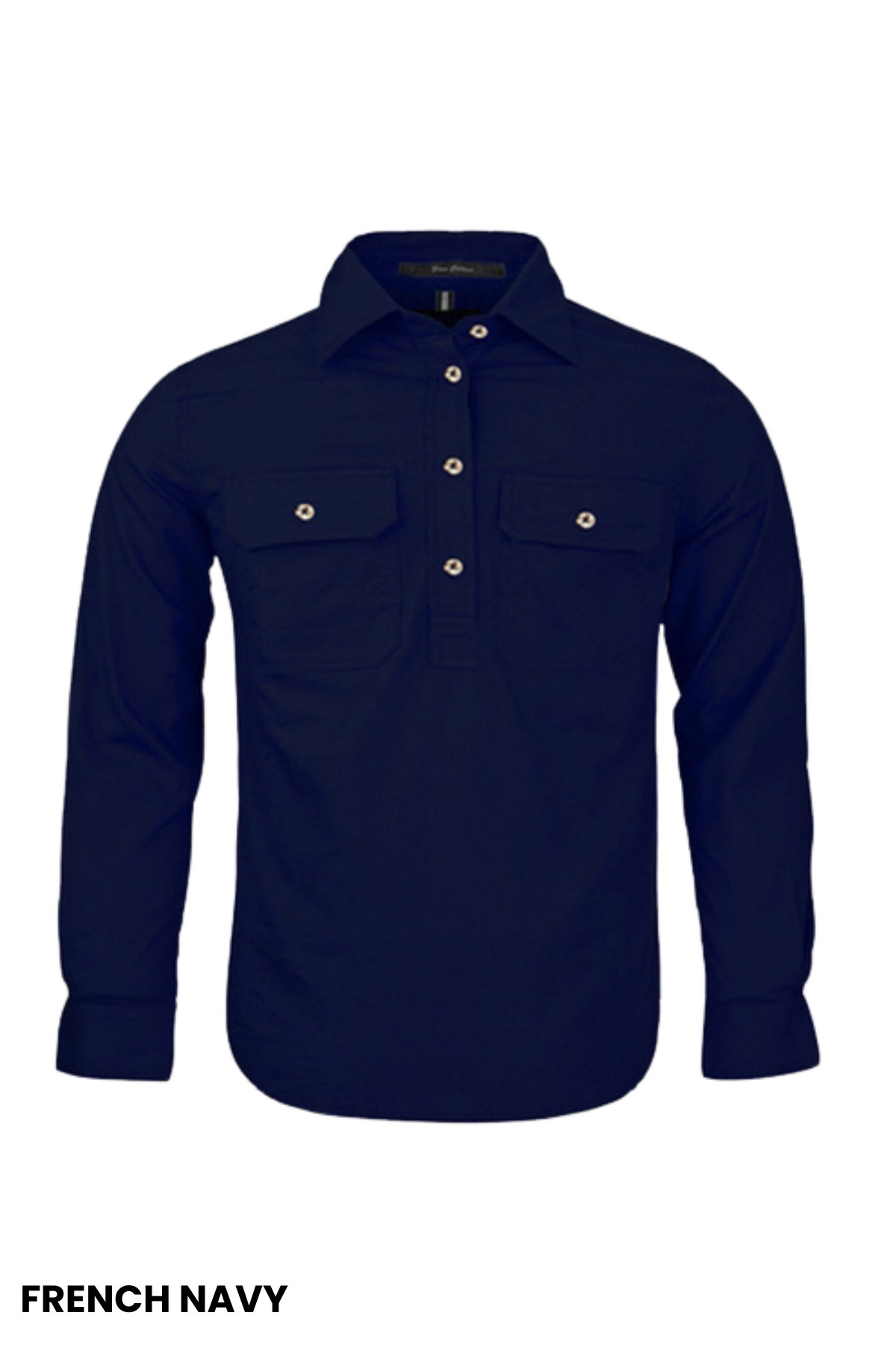 The Pilbara Kids Closed Front Shirt is a French navy, long-sleeve button-up made from 100% cotton with two chest pockets. Shown on a white background.