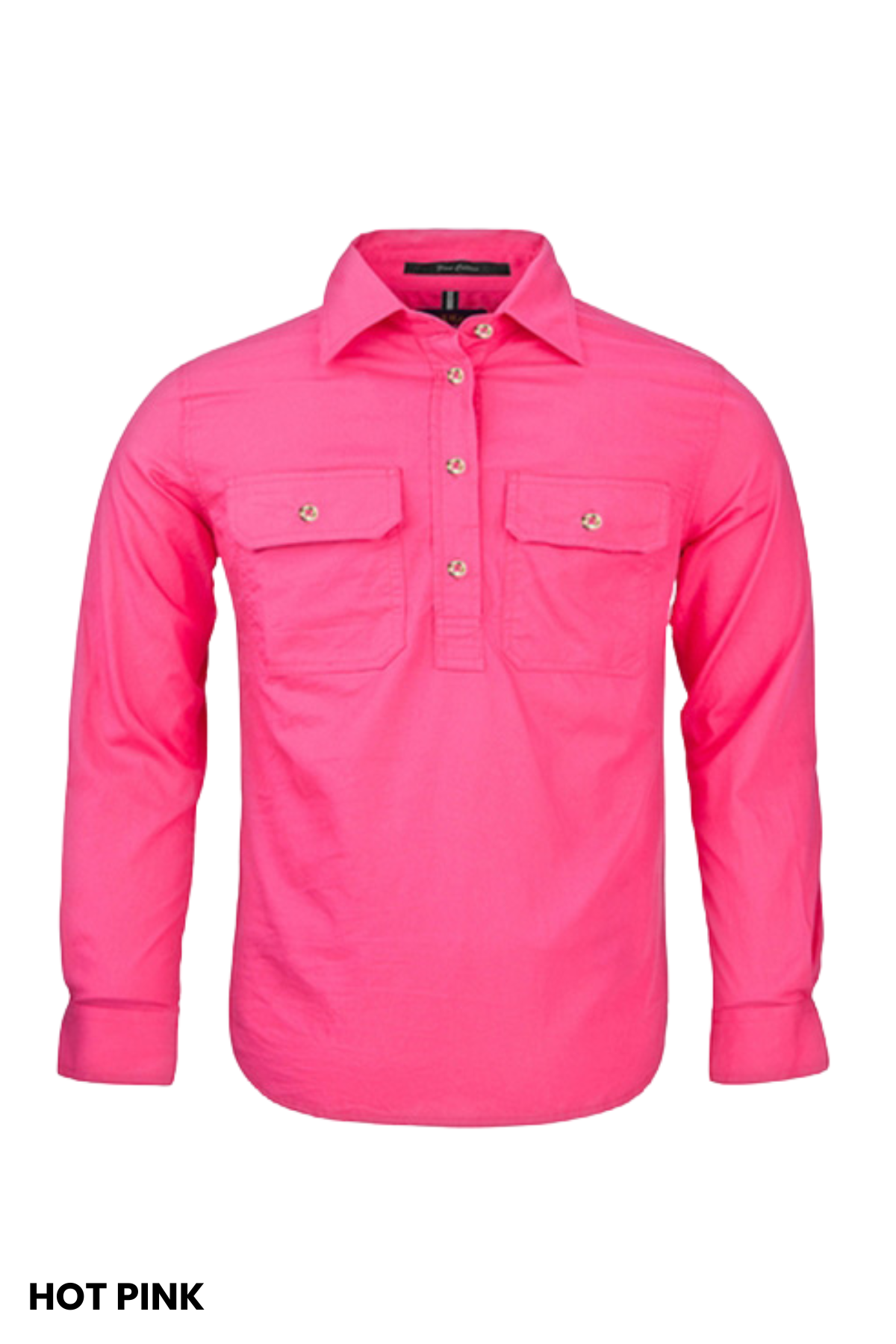 The Pilbara Kids Closed Front Shirt is a long-sleeved, button-up children's shirt in hot pink, crafted from 100% cotton with UPF 50+ protection. It includes two front chest pockets and button closures, shown on a white background with "HOT PINK" at the bottom left.