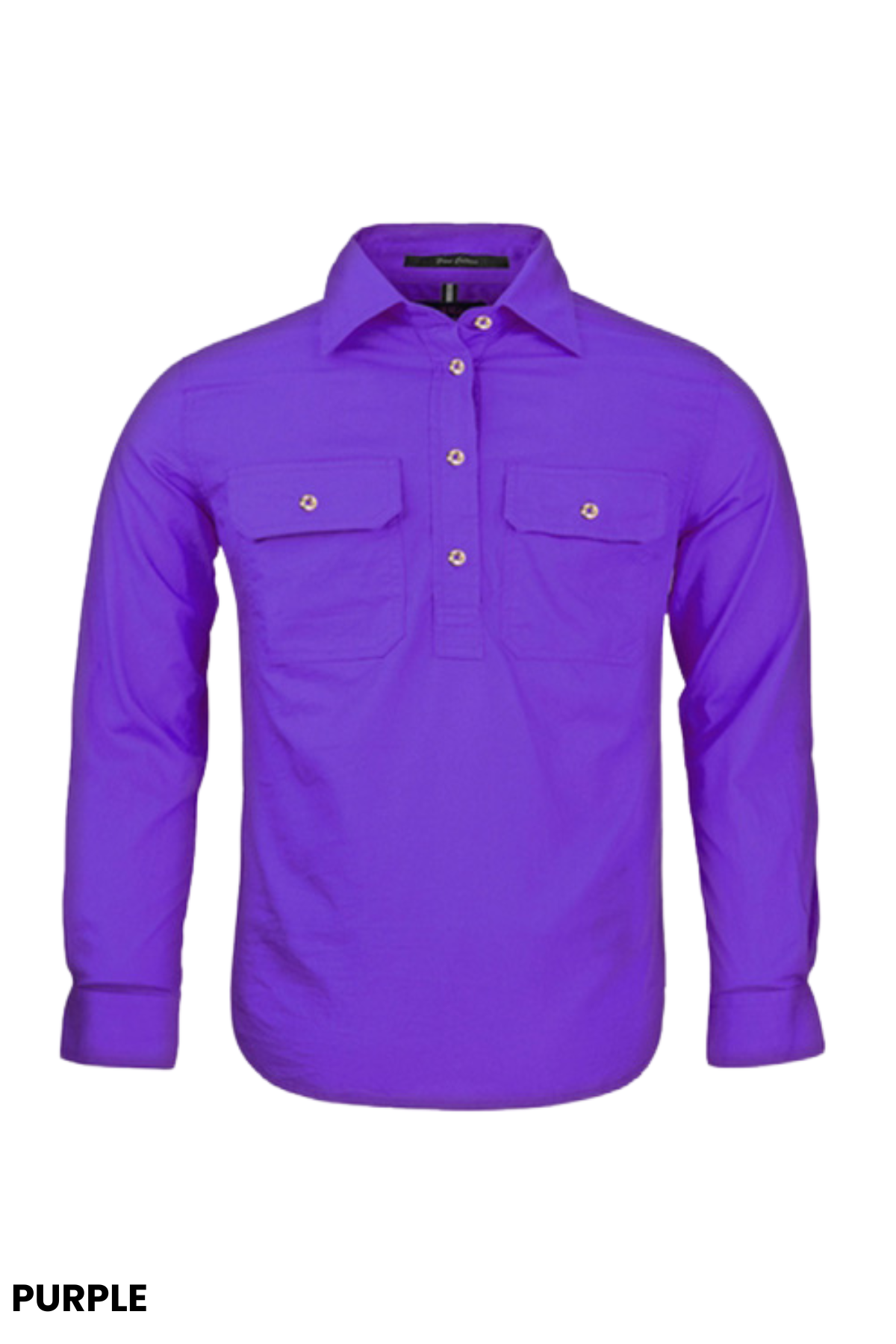 The Pilbara Kids Closed Front Shirt is a bright purple, long-sleeve, button-up children's shirt made from 100% cotton with UPF 50+ and two chest pockets. "PURPLE" appears in black at the bottom left over a white background.