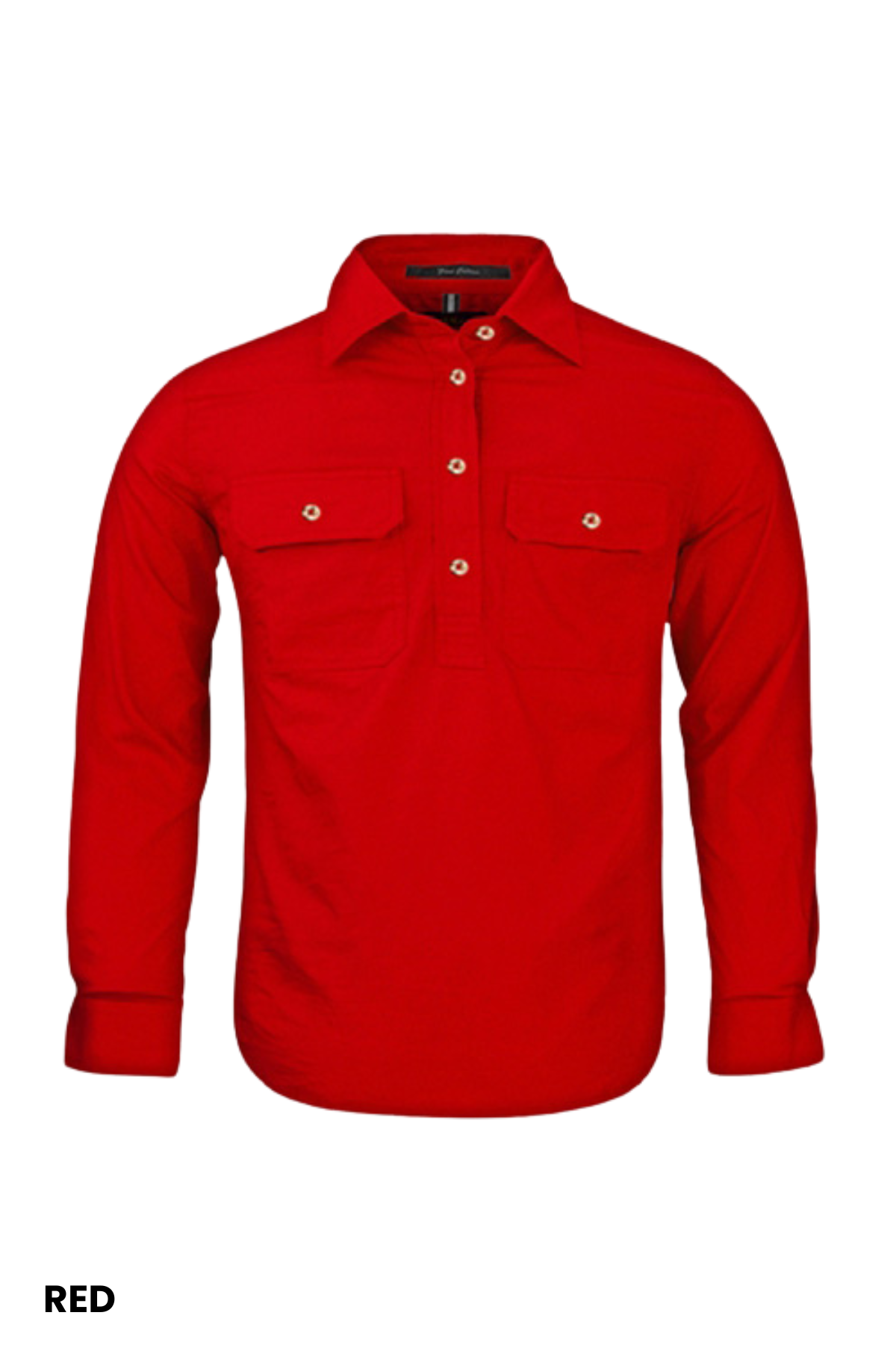 The Pilbara Kids Closed Front Shirt is a long-sleeve, red, 100% cotton button-up with two chest pockets, shown on a plain white background. "RED" appears in bold at the bottom left corner.