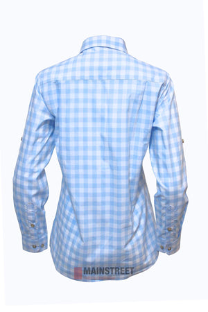 The Pilbara Ladies Check Closed Front Long Sleeve Shirt, seen from the back in light blue and white checks, features buttoned cuffs, a classic collar, and is tailored from ultra fine cotton for everyday comfort and a crisp finish.
