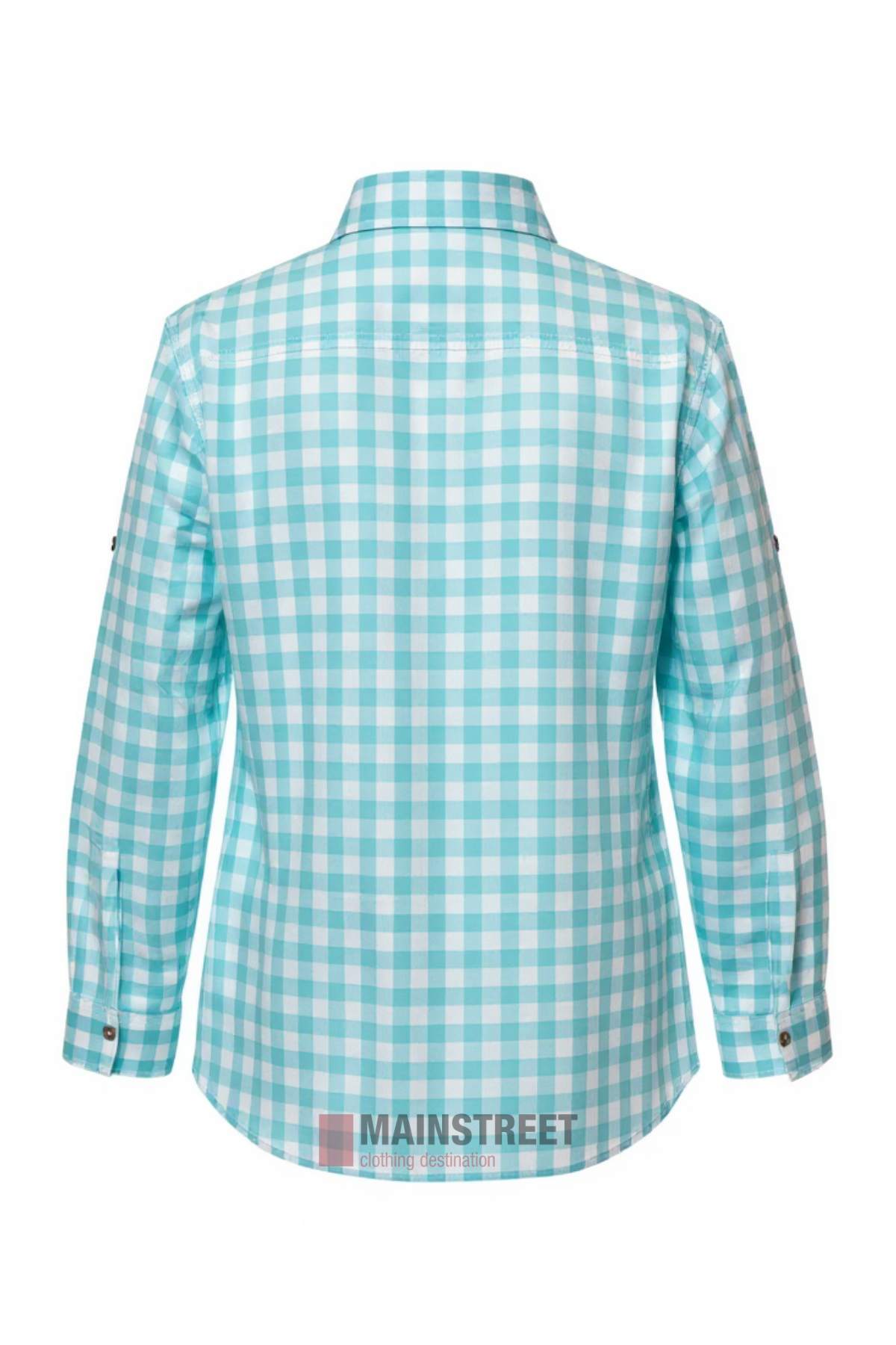 The Pilbara Ladies Check Closed Front Long Sleeve Shirt, shown in turquoise and white checks, is crafted from ultra-fine cotton. It features a collared neck, buttoned cuffs, and a curved hem for style and easy care. Displayed backwards on a white background.