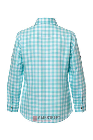 The Pilbara Ladies Check Closed Front Long Sleeve Shirt, shown in turquoise and white checks, is crafted from ultra-fine cotton. It features a collared neck, buttoned cuffs, and a curved hem for style and easy care. Displayed backwards on a white background.
