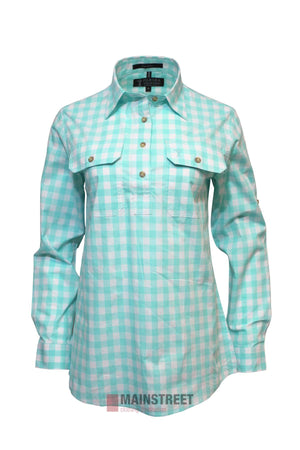 The Pilbara Ladies Check Closed Front Long Sleeve Shirt in light blue and white features ultra fine cotton, long sleeves, two chest pockets, a smart collar, and easy care fabric to stay crisp. Displayed on a plain white background.