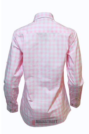 The Pilbara Ladies Check Closed Front Long Sleeve Shirt in pink and white check is displayed from the back against a plain white background.