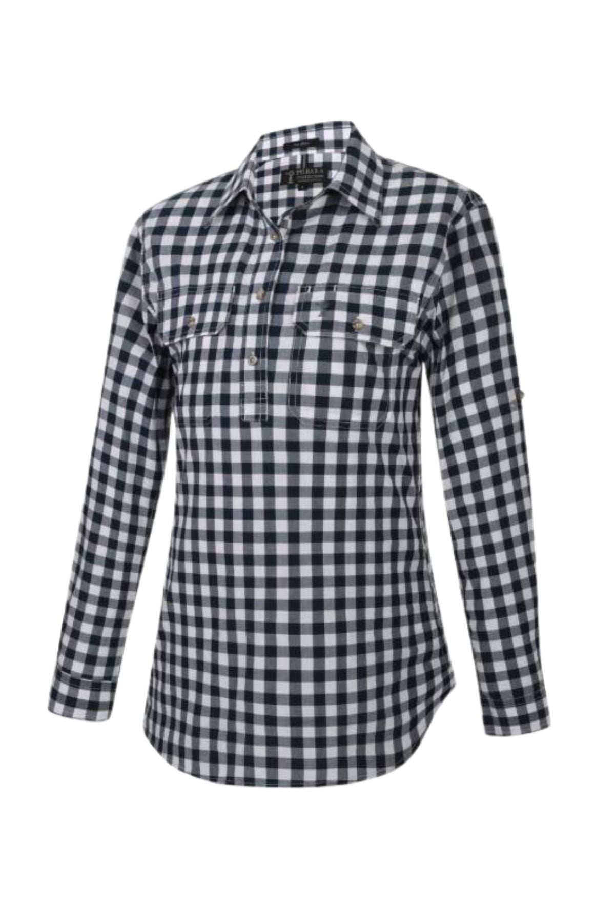 The Pilbara Ladies Check Closed Front Long Sleeve Shirt is crafted from ultra-fine cotton and features a classic black and white checkered pattern, button-up design, and two chest pockets, shown on a plain white background.