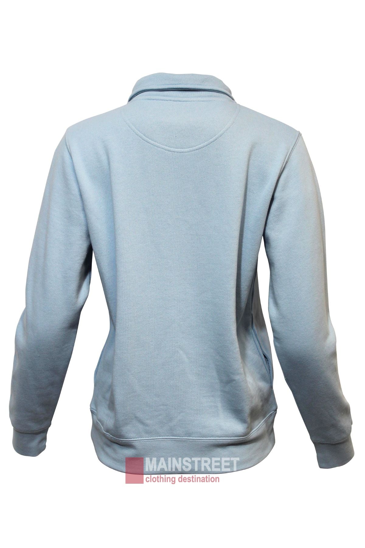 Light blue Pilbara Ladies Classic Fleece Pullover shown from the back, featuring a collar, ribbed cuffs, and soft fleece lining. Displayed on a white background with the "MAINSTREET clothing destination" watermark below.