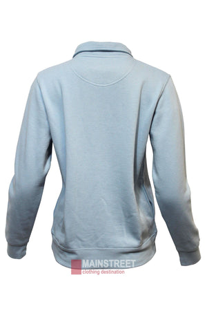 Light blue Pilbara Ladies Classic Fleece Pullover shown from the back, featuring a collar, ribbed cuffs, and soft fleece lining. Displayed on a white background with the "MAINSTREET clothing destination" watermark below.