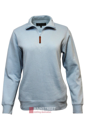 The Pilbara Ladies Classic Fleece Pullover is a light blue, long-sleeve quarter-zip sweatshirt with a stand-up collar, brown zipper pull, and soft fleece lining, shown on a mannequin with the Mainstreet Clothing Destination logo.