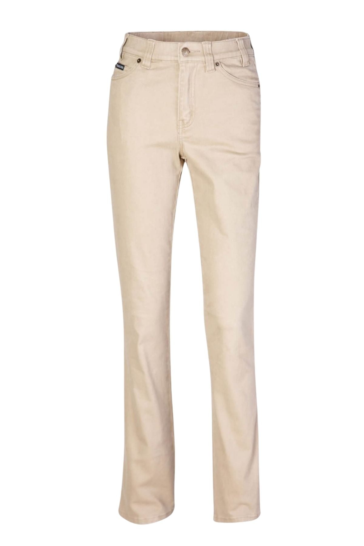The Pilbara Ladies Cotton Stretch Jean features beige, straight-leg cotton stretch fabric, classic five-pocket styling, front button and zip closure, and belt loops—shown on a white background.