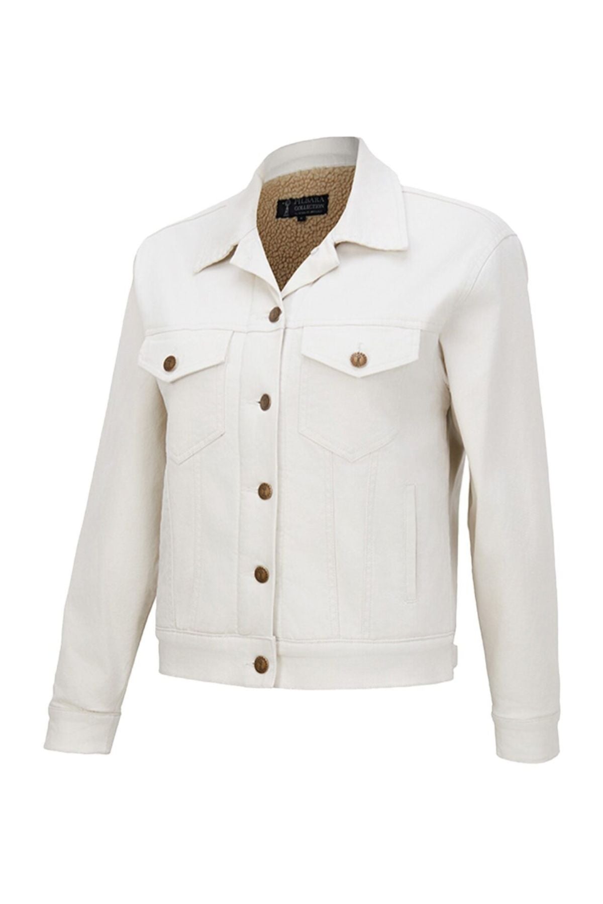The Pilbara Lauren Sherpa Lined Jacket is a cream-colored, straight fit denim jacket with brown buttons, chest flap pockets, side pockets, a collar, and casual timeless style.
