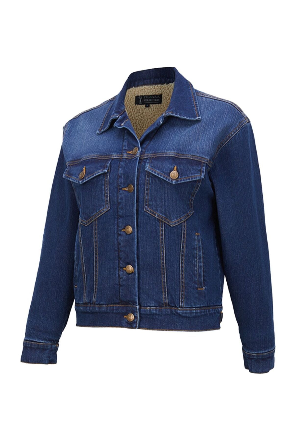 The Pilbara Lauren Sherpa Lined Jacket is a blue denim jacket with long sleeves, front metal buttons, chest flap pockets, tan stitching, and a light brown sherpa lining inside for warmth and casual style.