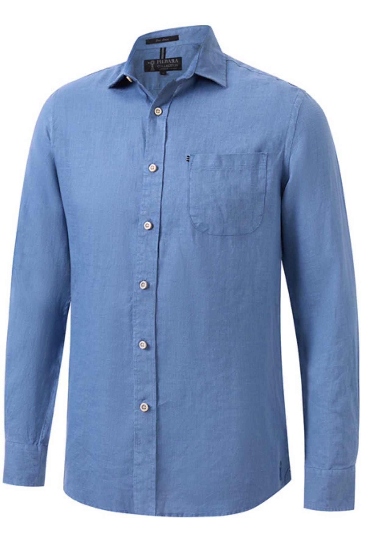 The Pilbara Linen Shirt for men is light blue with long sleeves, a collar, chest pocket, white buttons, and a button-up front. This classic linen shirt is shown on a plain white background.