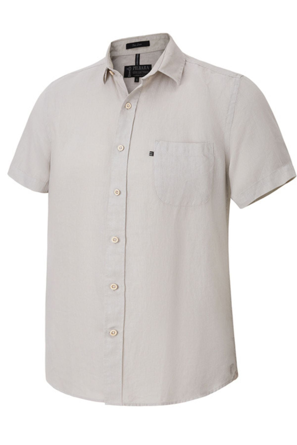 The Pilbara Linen Short Sleeve Shirt features a light beige hue, collar, and single chest pocket. Made from 100% linen for effortless style and comfort, it's displayed on a white background.
