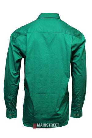 The Pilbara Open Front Shirt, a men's long-sleeve green cotton work shirt with visible cuffs and seams, is displayed from the back and neatly arranged on a flat surface.