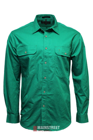 The Pilbara Open Front Shirt is a green, long-sleeve cotton work shirt with button-up front, collar, buttoned cuffs, and two chest pockets, shown unworn on a white background.