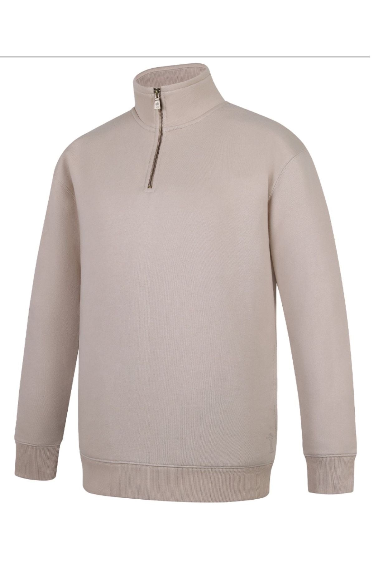 The Pilbara Classic Heavy Weight Fleece Pullover in beige features a stand collar, quarter zip, and ribbed cuffs and hem for a timeless look, shown on a plain white background.