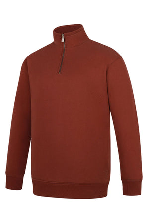 The Pilbara Classic Heavy Weight Fleece Pullover in rust features long sleeves, a stand-up collar, and a half-zip closure, shown against a white background.