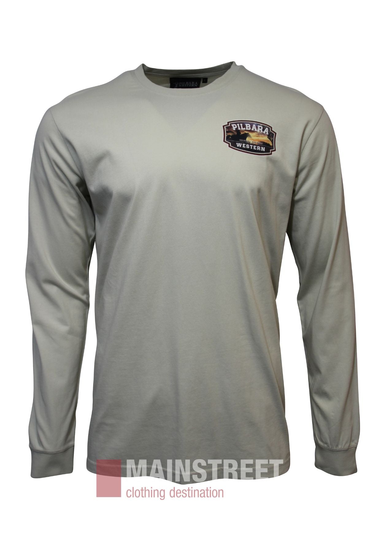 The Pilbara Rope Riding Long Sleeve T-Shirt in light gray features a small "PILBARA WESTERN" logo on the left chest, shown on a plain white background with the MAINSTREET clothing destination logo at the bottom.