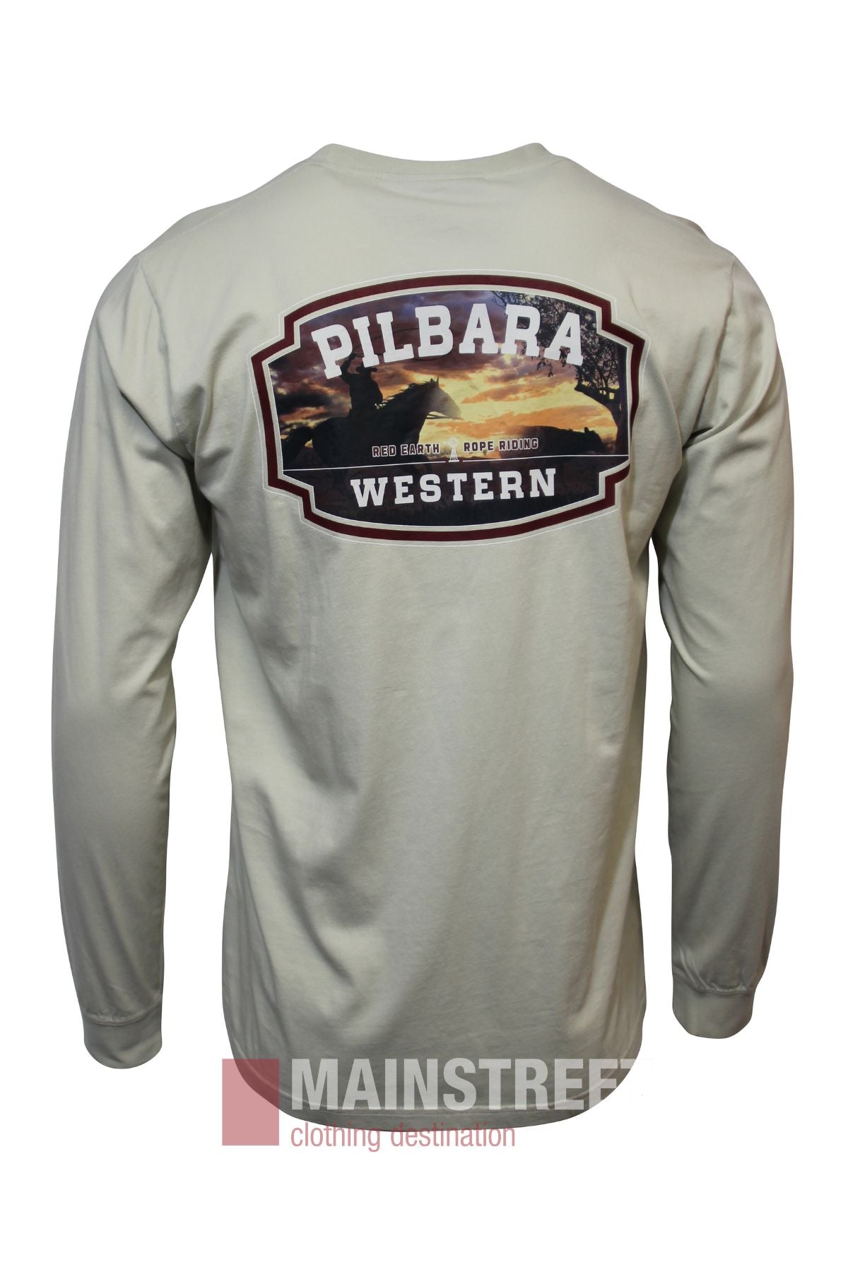 The Pilbara Rope Riding Long Sleeve T-Shirt is shown from the back in light gray, featuring a large rectangular “PILBARA WESTERN” logo above an image of cattle and a sunset, with a “MAINSTREET clothing destination” watermark.