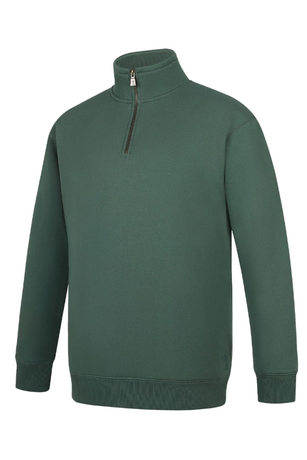 The Pilbara Classic Heavy Weight Fleece Pullover comes in forest green with long sleeves, a high collar, quarter-zip front, and ribbed cuffs and waistband. Its solid color and heavyweight fleece offer extra warmth.