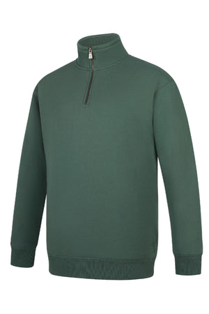The Pilbara Classic Heavy Weight Fleece Pullover comes in forest green with long sleeves, a high collar, quarter-zip front, and ribbed cuffs and waistband. Its solid color and heavyweight fleece offer extra warmth.