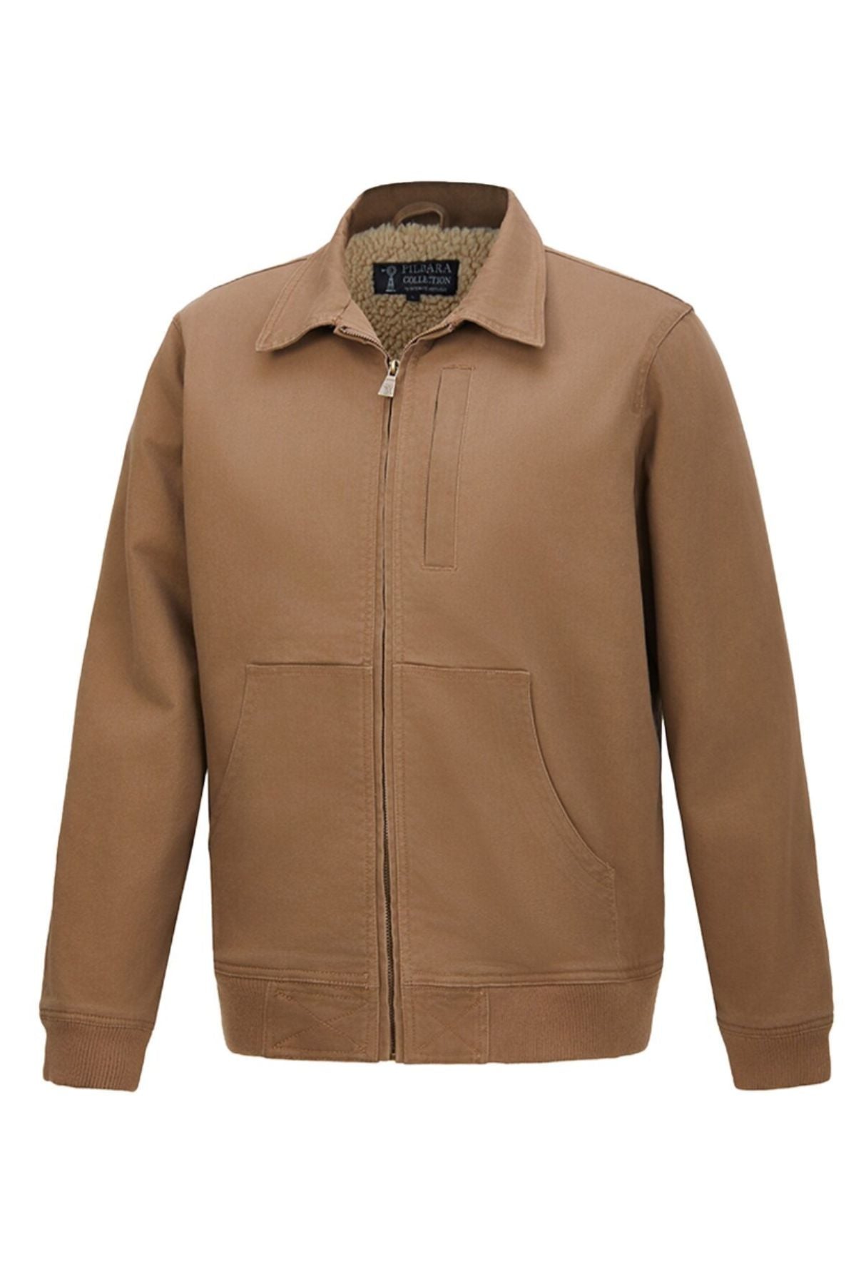 The Pilbara Sherpa Bomber Jacket for men features a tan color, collar, two front pockets, chest pocket, ribbed cuffs and hem, and a soft fleece-like lining for comfort. Shown against a plain white background.