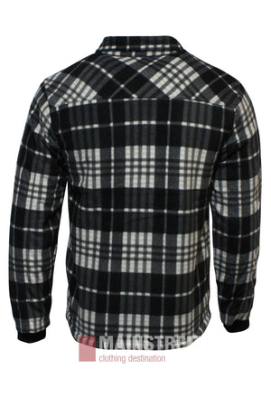 Back view of the Pilbara Sherpa Lined Check Jacket in black, white, and gray plaid soft fleece. Features a partially visible "MAINSTREAM clothing destination" logo at the bottom. Cozy sherpa lining makes it ideal for colder days.
