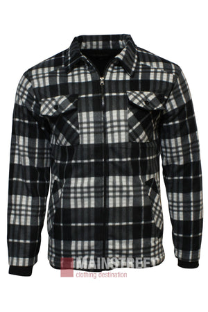 The Pilbara Sherpa Lined Check Jacket in black, white, and gray plaid features two chest pockets and a collar, displayed on a plain white background.