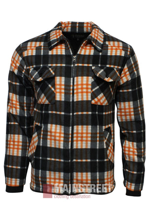 A front view of the Pilbara Sherpa Lined Check Jacket, showcasing a black, white, and orange plaid pattern, two button-flap chest pockets, warm Sherpa lining, and a collar—ideal for winter wear.