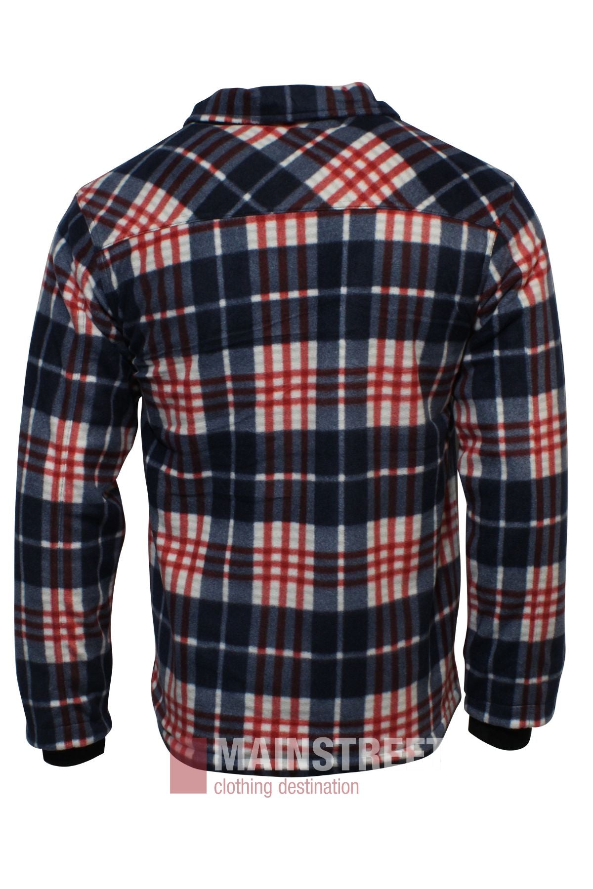 The Pilbara Sherpa Lined Check Jacket features a navy, white, and red plaid pattern, long sleeves, and a collar. With cozy sherpa lining, it's perfect for casual winter wear. Shown from the back.